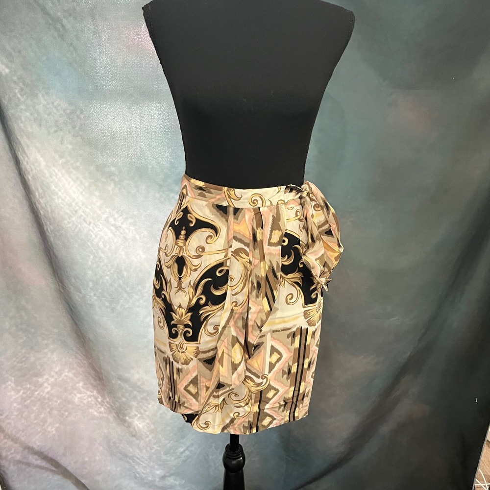 Forerunner Womens Silk Baroque Geometric Wrap Skirt Gold Black Tan Small